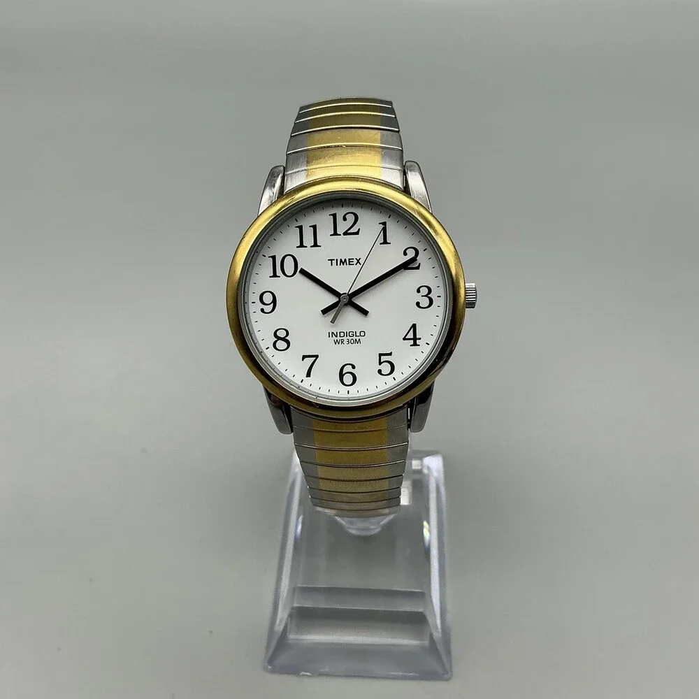 Timex Indiglo Mens Watch 35mm White Dial Two Tone Stretch Band New Battery